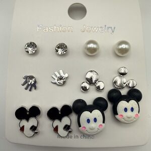 Fashion Jewelry MICKEY MOUSE Earrings Set  Silver Tone Rhinestone Pearl 6 Pair